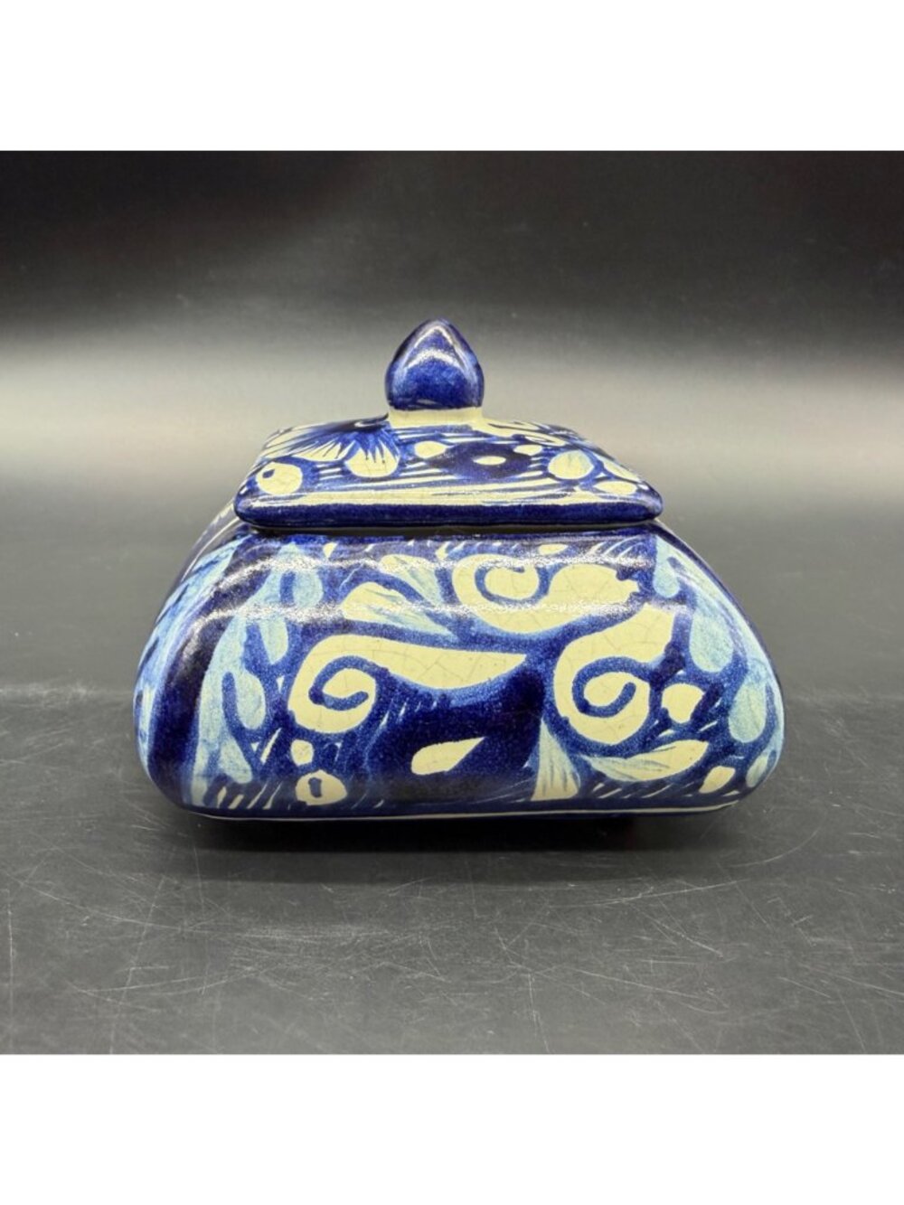 Talavera Mexico Trinket Box Blue Floral Hand Painted Pottery Signed R Venegas - Picture 3 of 13
